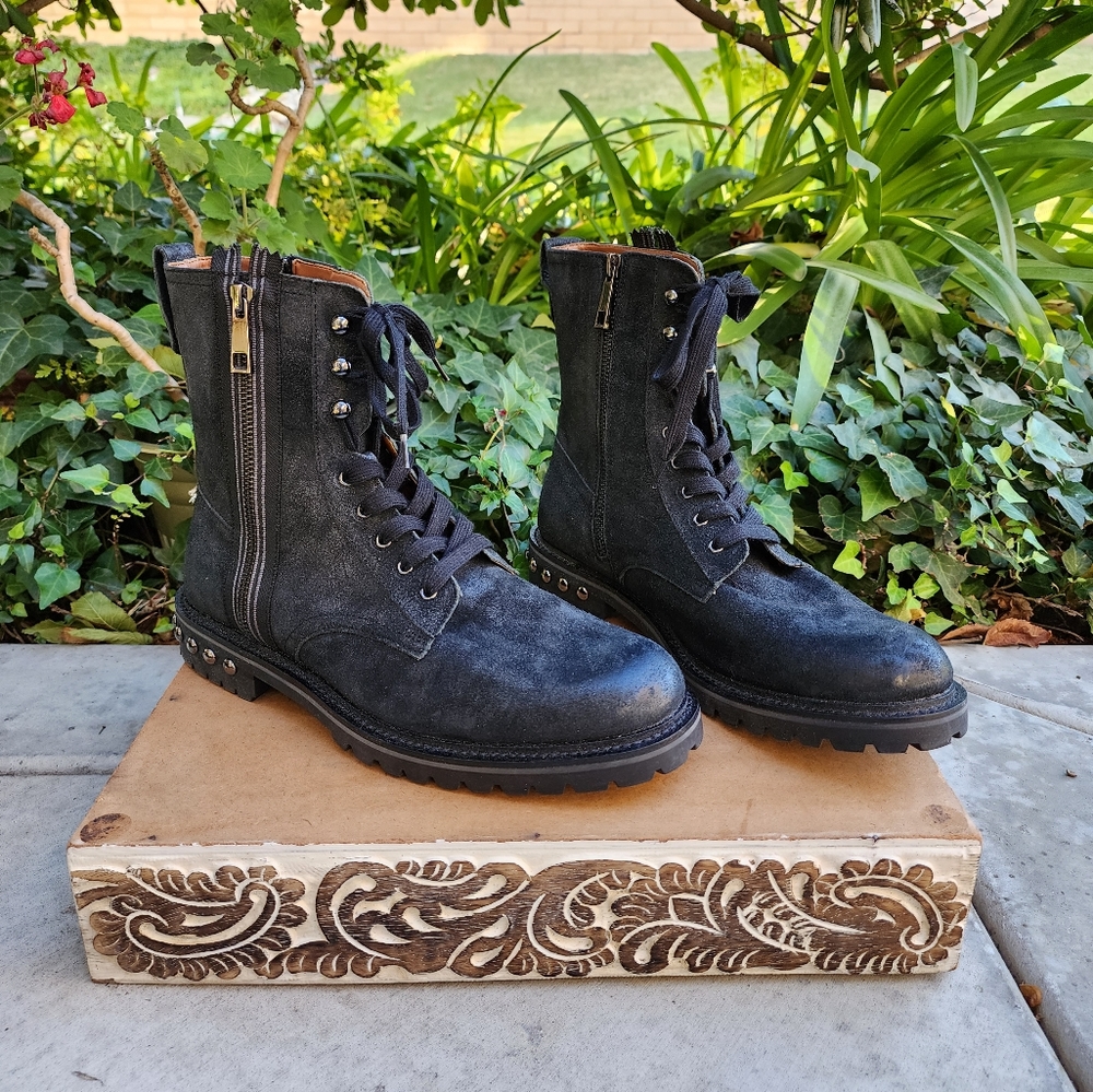 Edgy Steve Madden Studded Lug Sole Weathered Leather Combat Boots - Picture 3 of 10